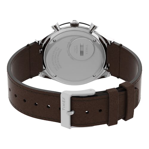 laydown image of Q Timex Chronograph 40mm Leather Strap Watch