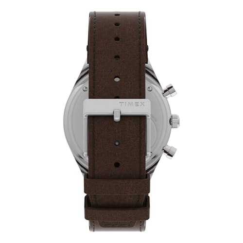laydown image of Q Timex Chronograph 40mm Leather Strap Watch