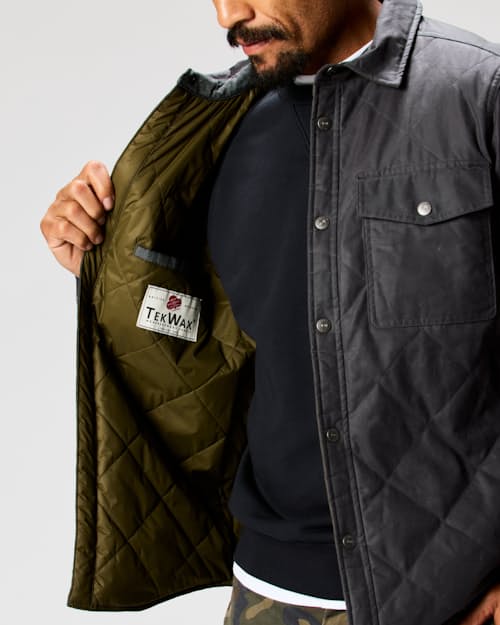 on model image of Quilted Waxed Shirt Jacket