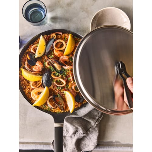 laydown image of Oven-Safe Skillet + Stainless Steel Lid - 11"