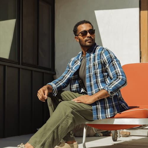 lifestyle image of Featherweight Plaid Button Down Shirt