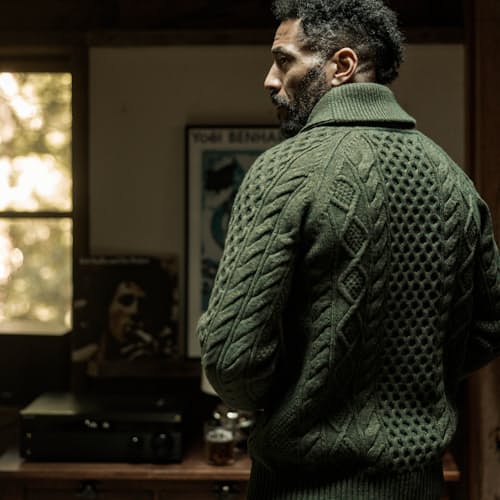 lifestyle image of Aran Cable Knit Cardigan Sweater