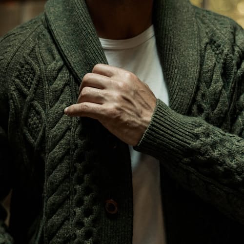 lifestyle image of Aran Cable Knit Cardigan Sweater