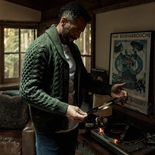lifestyle image of Aran Cable Knit Cardigan Sweater