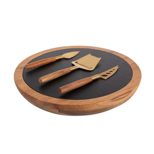 laydown image of The Insignia  Acacia and Slate Serving Board with Cheese Tools