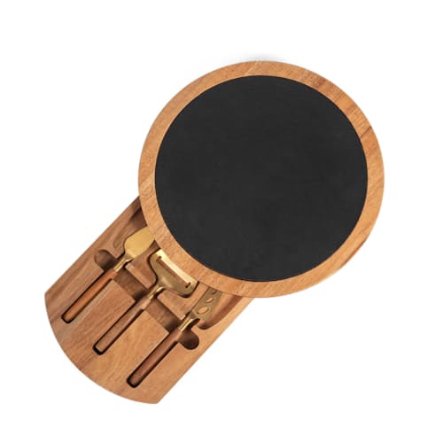 laydown image of The Insignia  Acacia and Slate Serving Board with Cheese Tools