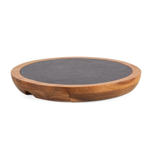 laydown image of The Insignia  Acacia and Slate Serving Board with Cheese Tools