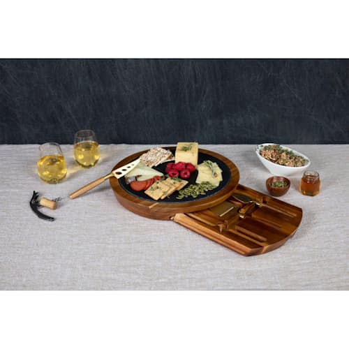 laydown image of The Insignia  Acacia and Slate Serving Board with Cheese Tools