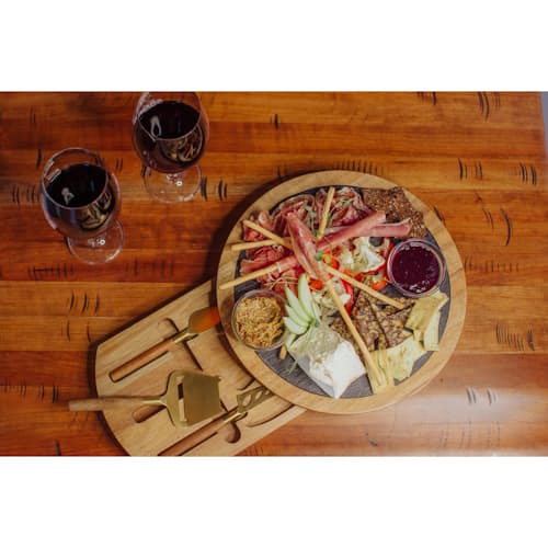 laydown image of The Insignia  Acacia and Slate Serving Board with Cheese Tools