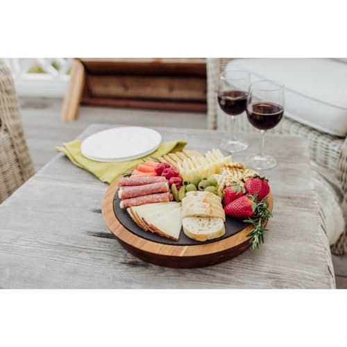 laydown image of The Insignia  Acacia and Slate Serving Board with Cheese Tools