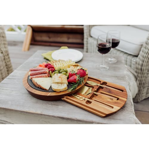 laydown image of The Insignia  Acacia and Slate Serving Board with Cheese Tools