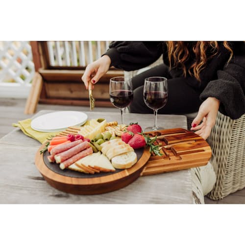 laydown image of The Insignia  Acacia and Slate Serving Board with Cheese Tools