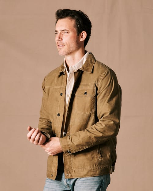 on model image of Flannel-Lined Waxed Trucker Jacket - Tall