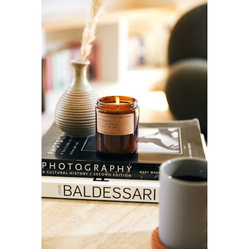 laydown image of Patchouli Sweetgrass Soy Candle