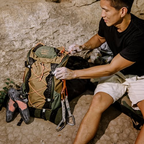 lifestyle image of Huckberry X Mystery Ranch Greenbelt Hybrid Backpack - 30L