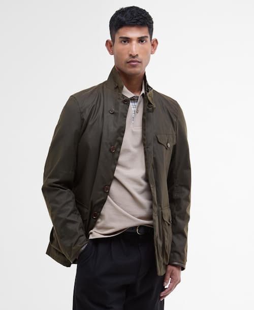 on model image of Beacon Waxed Blazer Jacket