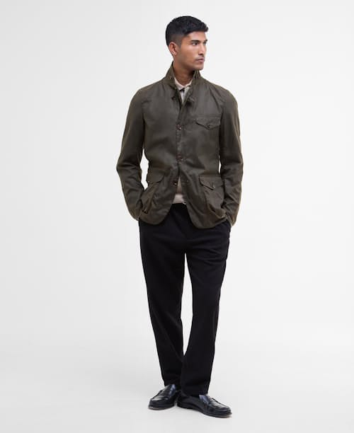 on model image of Beacon Waxed Blazer Jacket