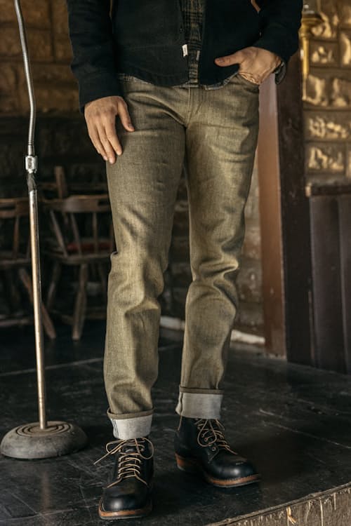lifestyle image of The Pen Slim Stretch Selvedge Denim Jeans