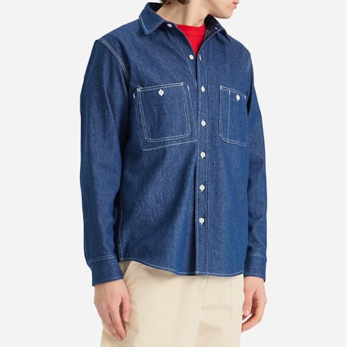 on model image of 8 oz Cotton Denim 3 Pocket Work Shirt