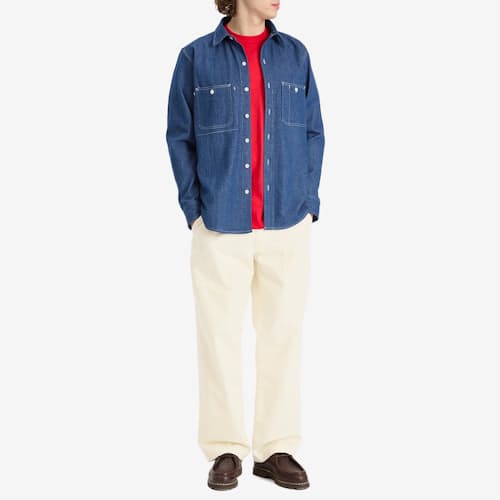 on model image of 8 oz Cotton Denim 3 Pocket Work Shirt