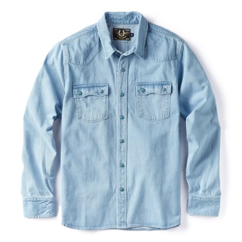 laydown image of Western Turquoise Pearlsnap Selvedge Denim Shirt