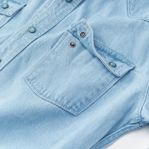 lifestyle image of Western Turquoise Pearlsnap Selvedge Denim Shirt