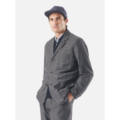 on model image of Upcycled Tweed Three Button Jacket