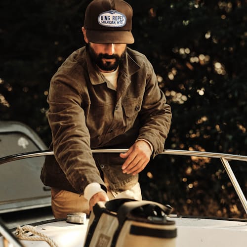 lifestyle image of Flannel-Lined Waxed Ripstop Trucker Jacket - Special Edition