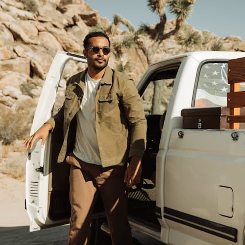 lifestyle image of Unlined Waxed Trucker Jacket