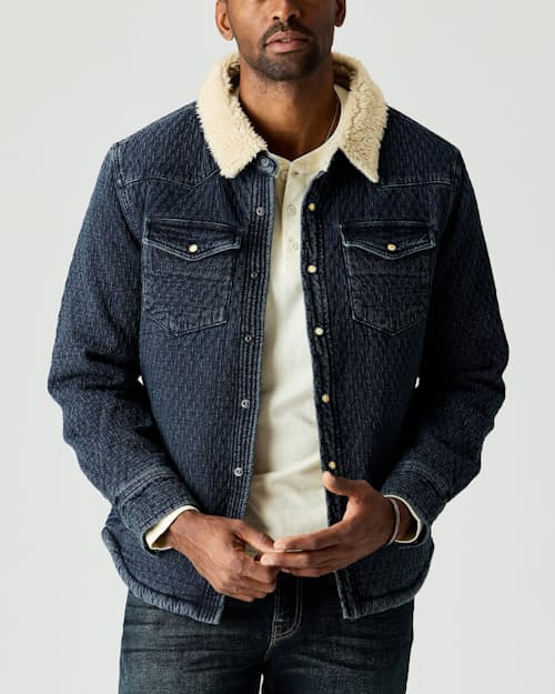 on model image of Sherpa-Lined Quilted Bone Button Western Shirt