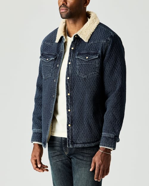 on model image of Sherpa-Lined Quilted Bone Button Western Shirt