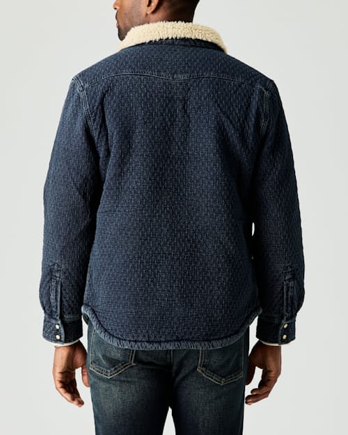 on model image of Sherpa-Lined Quilted Bone Button Western Shirt