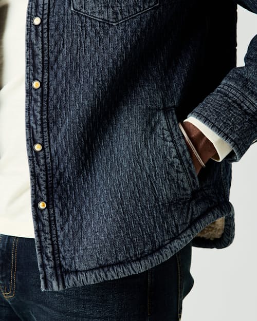 on model image of Sherpa-Lined Quilted Bone Button Western Shirt