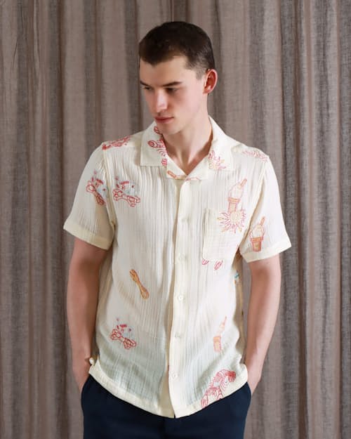 on model image of Stachio Summer Menu Short Sleeve Shirt