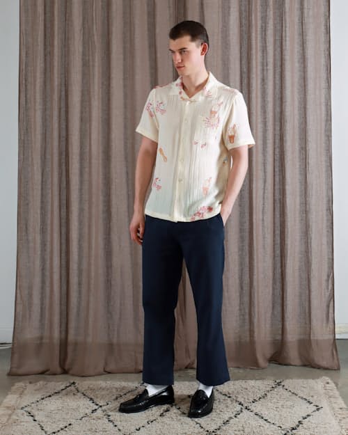 on model image of Stachio Summer Menu Short Sleeve Shirt