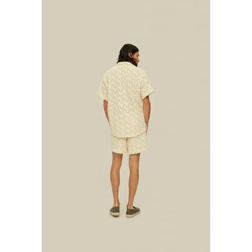 on model image of Camp Collar Crochet Shirt