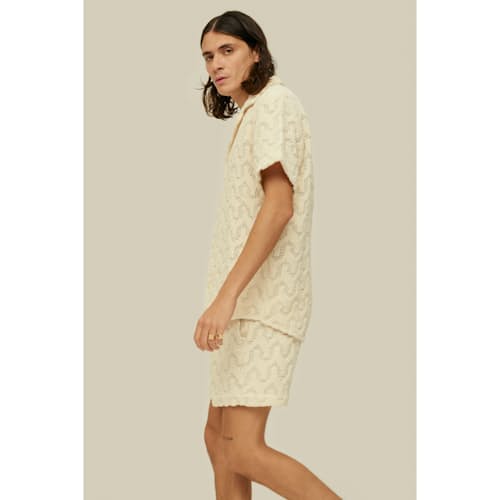 on model image of Camp Collar Crochet Shirt