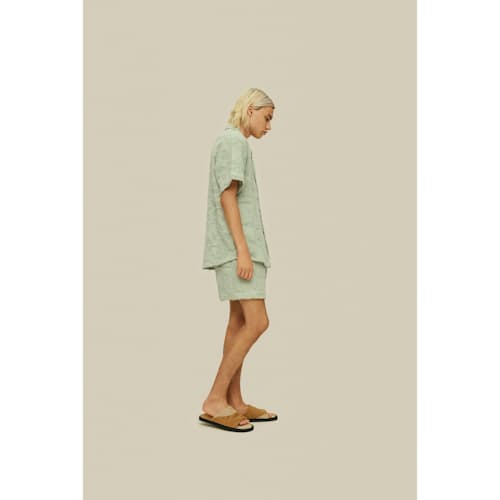 on model image of Camp Collar Crochet Shirt