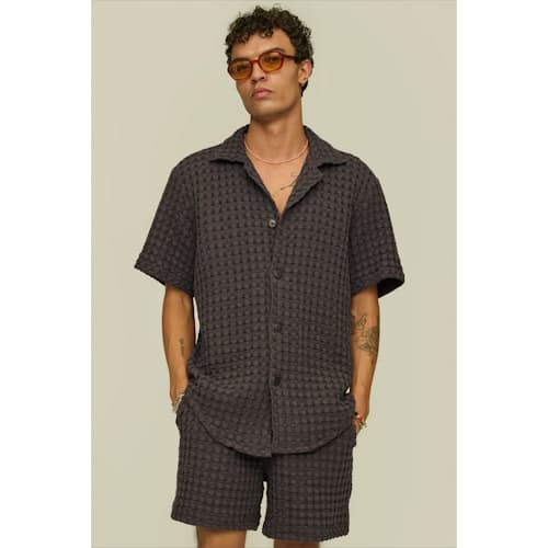 on model image of Camp Collar Waffle Shirt