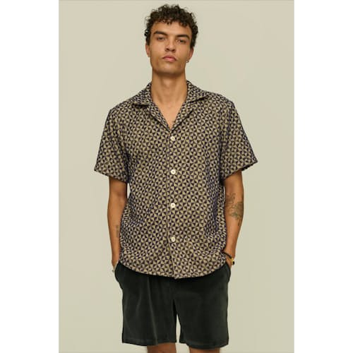 on model image of Camp Collar Terry Shirt