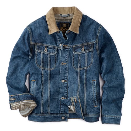 laydown image of Flannel-Lined Denim Trucker Jacket