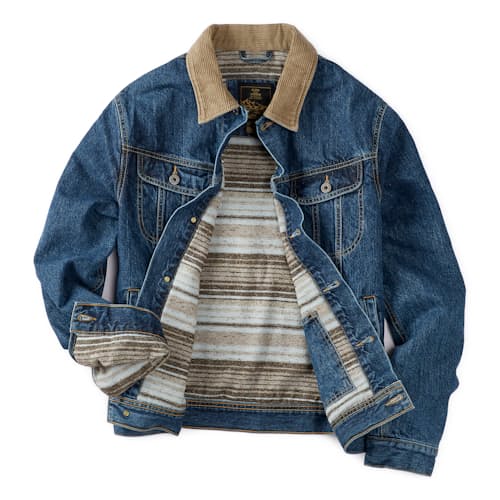 laydown image of Flannel-Lined Denim Trucker Jacket