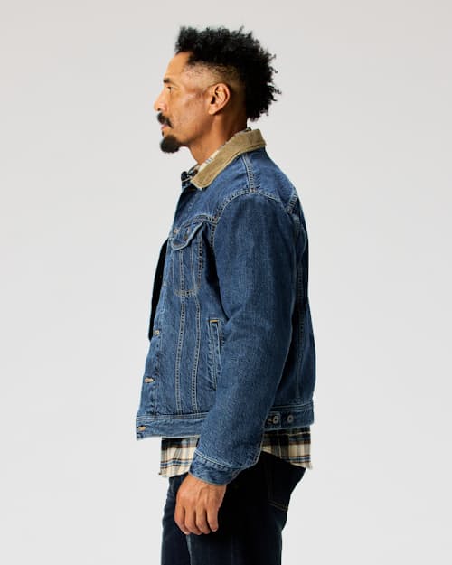 on model image of Flannel-Lined Denim Trucker Jacket