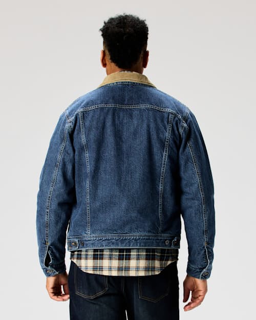 on model image of Flannel-Lined Denim Trucker Jacket