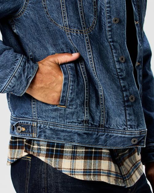 on model image of Flannel-Lined Denim Trucker Jacket
