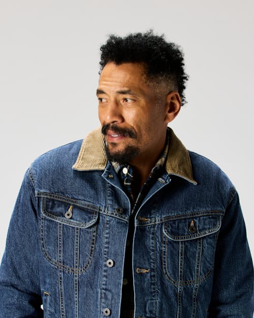 on model image of Flannel-Lined Denim Trucker Jacket