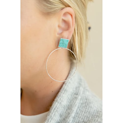 on model image of Women's Silver Turquoise Hoop Earrings