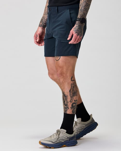 on model image of Equator Cargo Hybrid Short - 7"