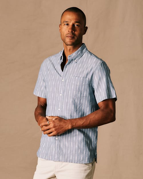 on model image of Classic Chambray Short Sleeve Shirt