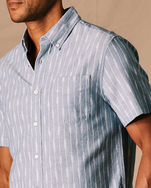on model image of Classic Chambray Short Sleeve Shirt